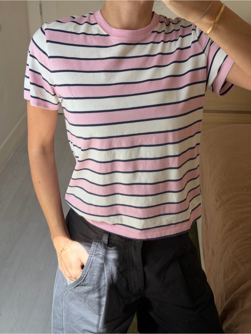 Aritzia Striped Pink & White Crewneck Tee